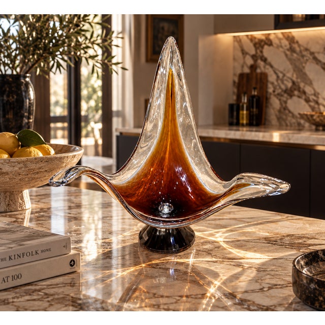 Vintage Amber Murano Glass Centerpiece Bowl on Pedestal, 1960s For Sale - Image 4 of 5