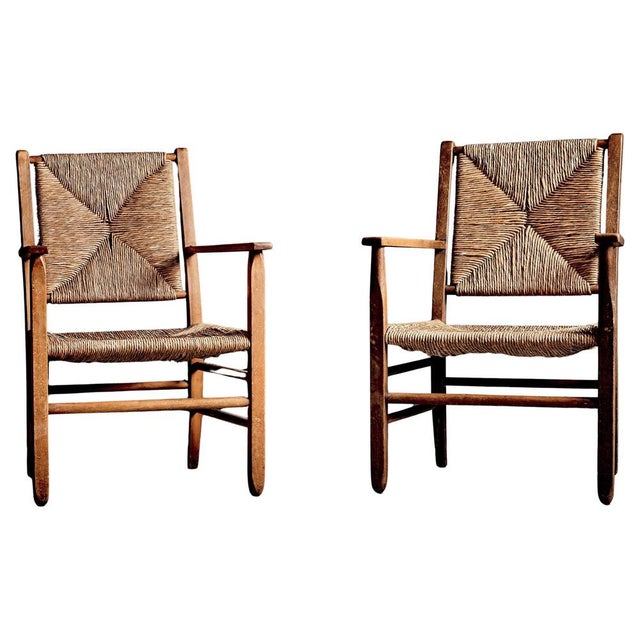 Rustic Oak Lounge Chairs with Hand-Woven Rush Seats, France, 1940s, Set of 2 For Sale - Image 15 of 15