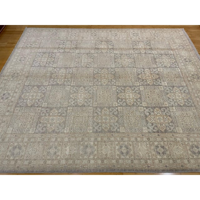 Rustic European 1990s Handmade Chobi Rug – Afghan Wool Geometric Area Rug in Neutral Tones - 8'3 X 9'9 For Sale - Image 3 of 10