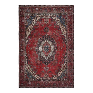 1970s Vintage Persian Handmade Wool 9x13 Red Area Rug For Sale