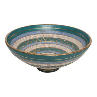 Large Teal and Gilt Ceramic "Seta" Pedestal Bowl by Aldo Londi for Bitossi Italy For Sale