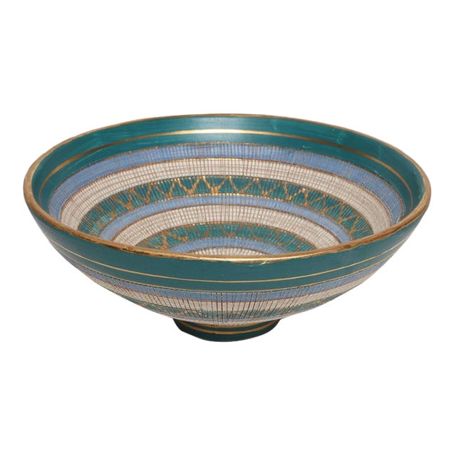 Large Teal and Gilt Ceramic "Seta" Pedestal Bowl by Aldo Londi for Bitossi Italy For Sale