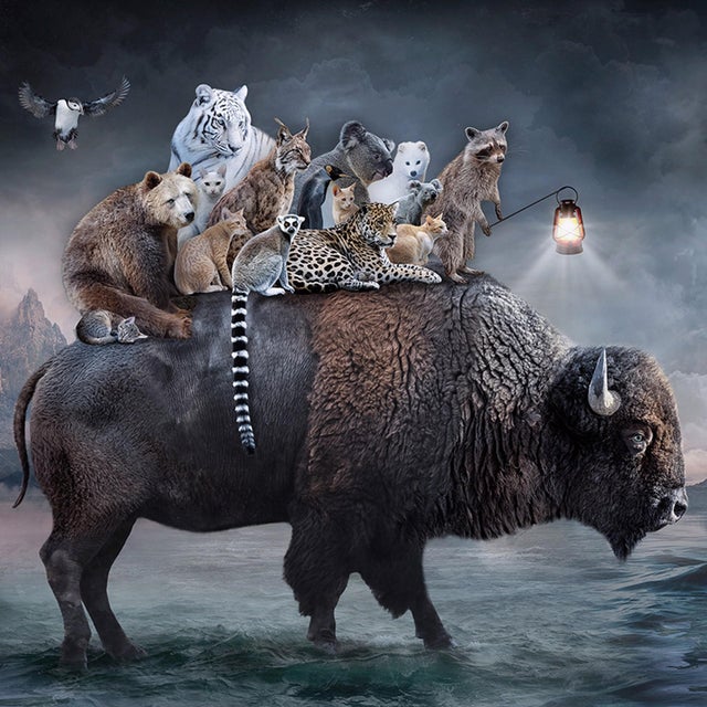 This photographic artwork presents a surreal scene where a majestic bison carries a diverse assembly of animals on its...