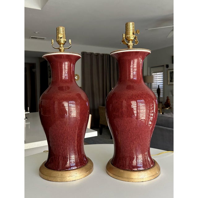 Pair 19th Century Chinese Flambe Oxblood Porcelain Table Lamps For Sale - Image 4 of 18