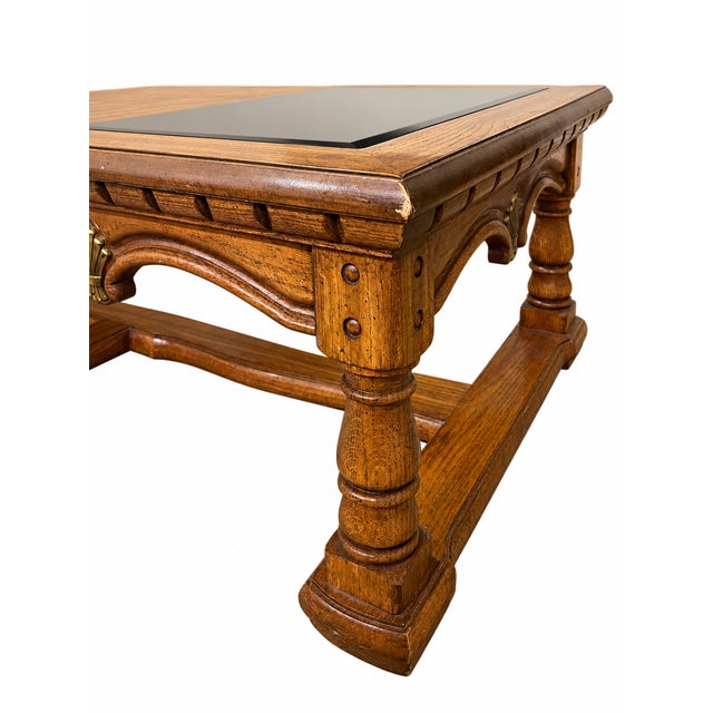 Vintage Mediterranean Revival Parquet-Pattern Wood and Smoked Glass Coffee Table For Sale In Las Vegas - Image 6 of 18
