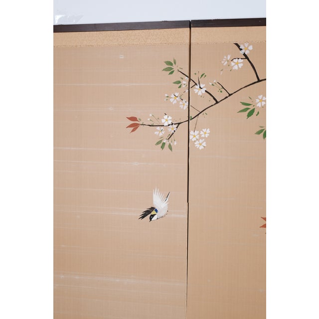 Wood 1970s Japanese Byobu Featuring 2 Birds & 2 Tree Branches 4-Panel Folding Tabletop or Wall Hanging Screen Vg+ For Sale - Image 7 of 10