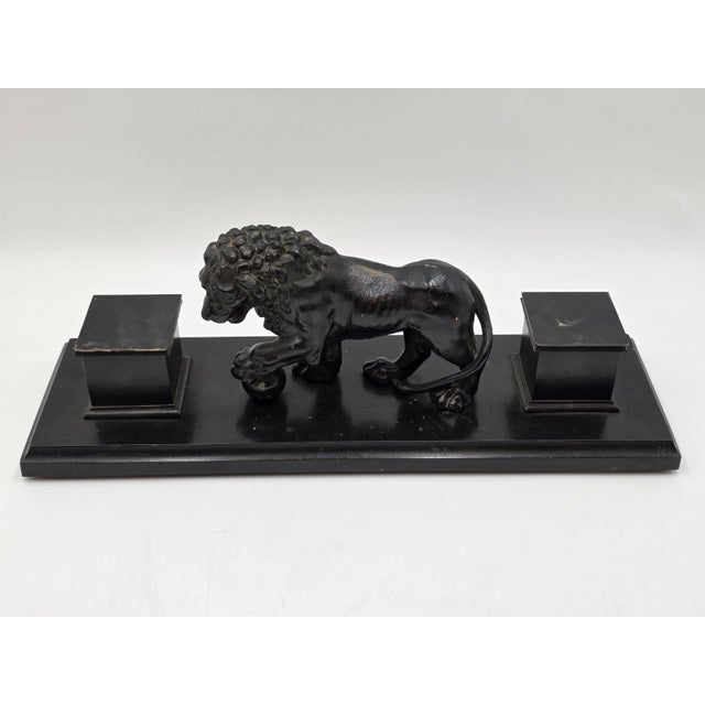 19th Century 19th C Victorian Cast Iron Lion Double Inkwell Desk Set Antique Black Japanned. For Sale - Image 5 of 18