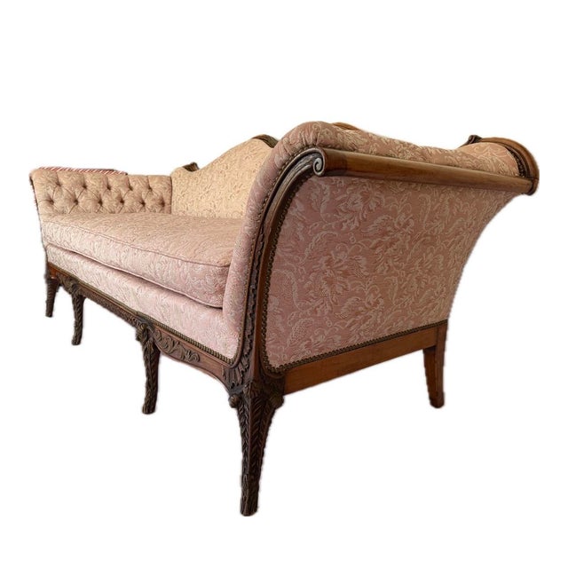Victorian Early 20th Century Victorian Boudoir Couch in Walnut and Pink Damask For Sale - Image 3 of 4