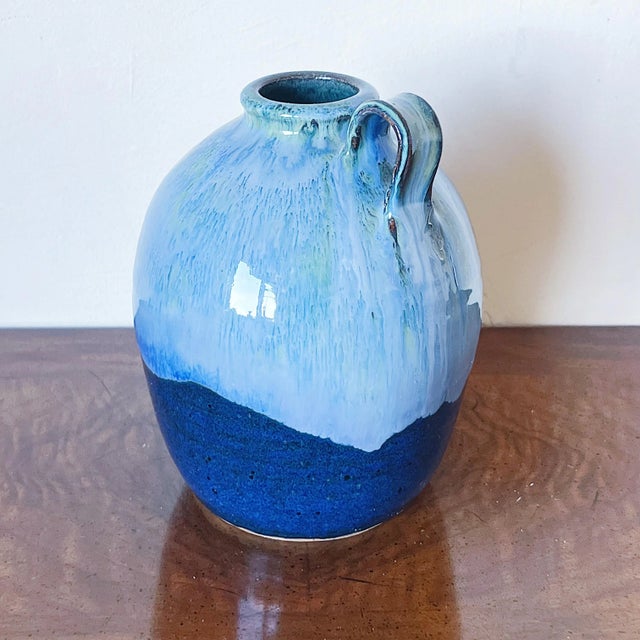 Traditional Vintage Hand Thrown Studio Pottery Jug in Shades of Blue, Signed For Sale - Image 3 of 8