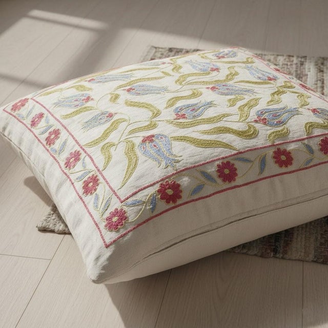 Modern 19"x19" All Silk Embroidered Cushion Cover. Handmade Pillowcase. New Toss Pillow For Sale - Image 3 of 5