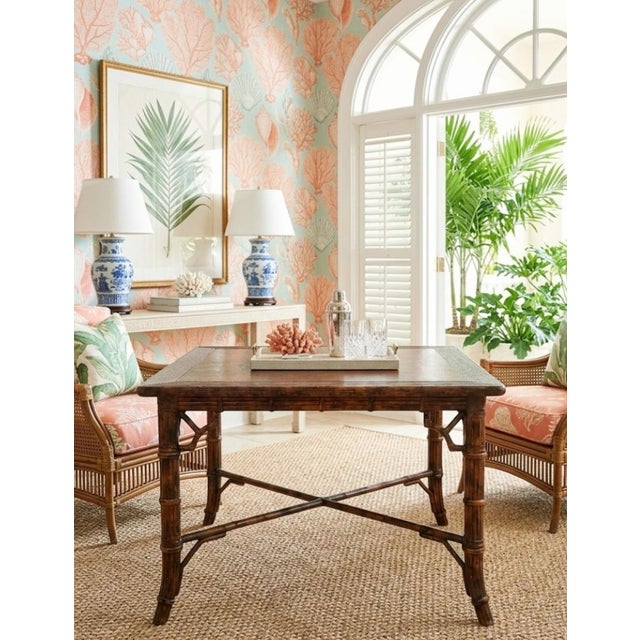 Vintage Stained Tortoiseshell Burnt Bamboo Sqaure Regency British Colonial Card Dining Table For Sale In West Palm - Image 6 of 10