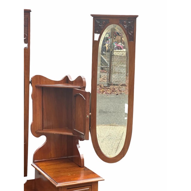 Antique Art Nouveau Burled Walnut Ladies Dresser With Oval Folding Mirrors For Sale - Image 10 of 11