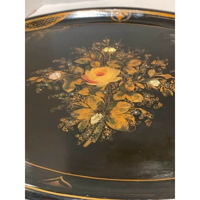 Antique 1870s Very Rare Oversized Victorian Napoleon 111 Second Empire Design Ebonized Lacquer Wood Parlor Tray For Sale - Image 9 of 11