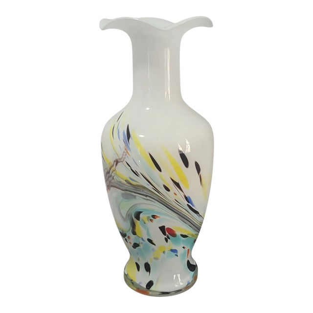 Vintage Murano Attributed Multi-Color Art Glass Scalloped Edge Hand-Blown Vase For Sale
