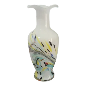 Vintage Murano Attributed Multi-Color Art Glass Scalloped Edge Hand-Blown Vase