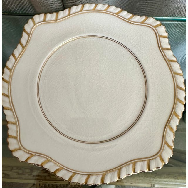 Vintage chic rope design scalloped edge and gilt rimmed English porcelain dessert/ salad plates. Hand wash only.