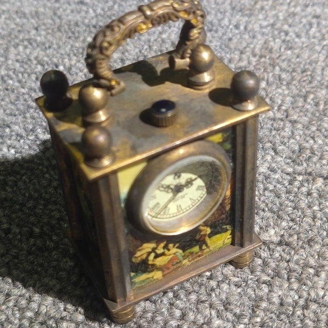 Metal Brass Miniature Desk Clock With Flemish Art Scenic Dial For Sale - Image 7 of 8