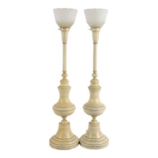 Pair of Steiff Table Lamps With Ivory‑Toned Bases and Ribbed Glass Shades For Sale