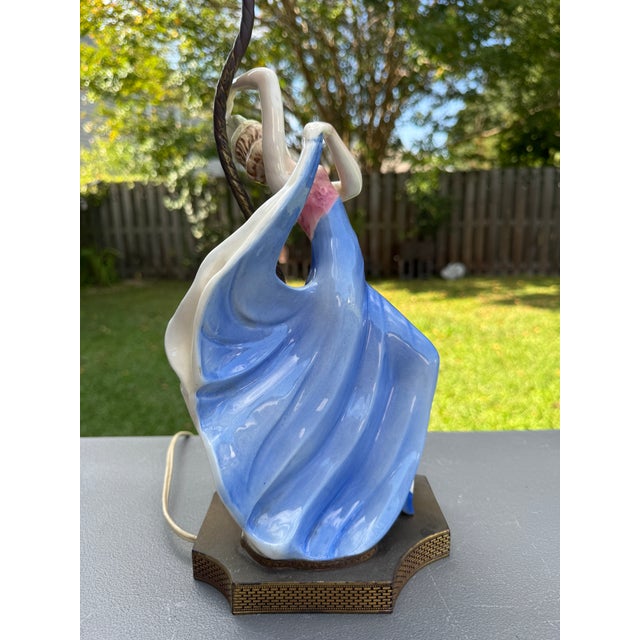 Blue 1930s Art Deco Porcelain Dancer Table Lamp German Flapper Attrib. Goldscheider For Sale - Image 8 of 18