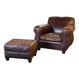 Restoration Hardware Art Deco Morgan Leather Club Chair and Ottoman - Set of 2 For Sale