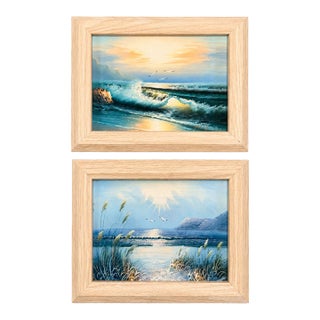 Vintage Coastal Seascape Oil Paintings - Framed Ocean Sunrise & Seaside Art Signed by Davis - Set of 2 For Sale