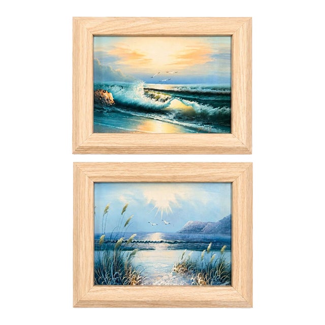 Vintage Coastal Seascape Oil Paintings - Framed Ocean Sunrise & Seaside Art Signed by Davis - Set of 2 For Sale