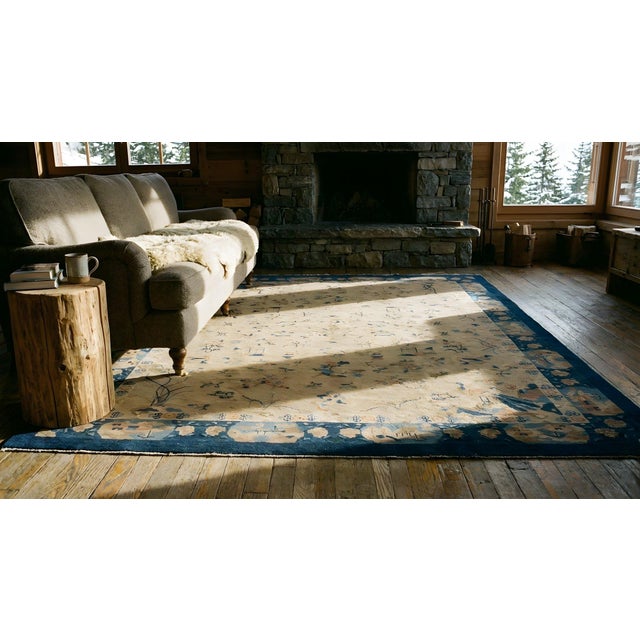 1920s Camel Floral Geometric Antique Chinese Peking Carpet 8'2" X 9'9" Handknotted Wool Rug For Sale - Image 13 of 15