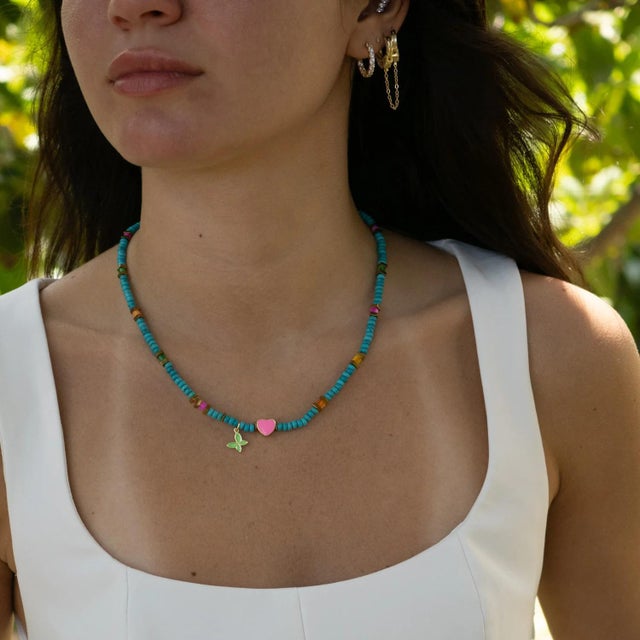 Metal Lucky Heart & Butterfly Turquoise Charm Necklace For Sale - Image 7 of 9