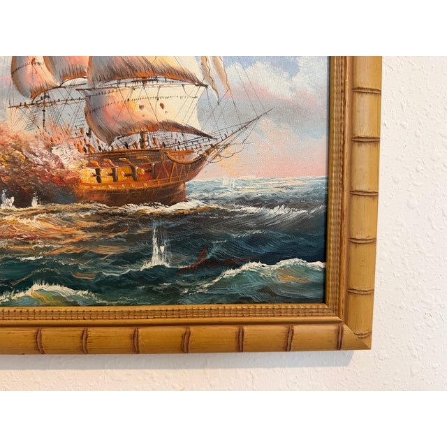 Original Marine Naval Battle Oil Painting Sailing Ships Seascape Framed, Signed For Sale - Image 12 of 12