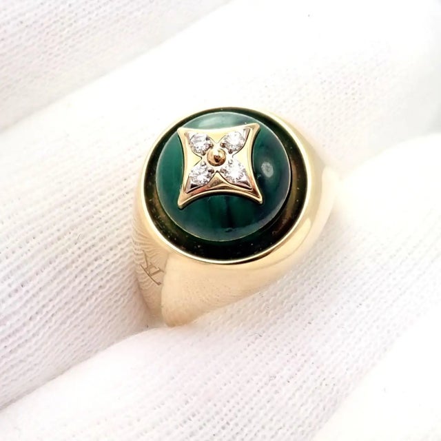 Louis Vuitton Yellow Gold Diamond Malachite Blossom Signet Ring, Size 8.25 For Sale - Image 9 of 10