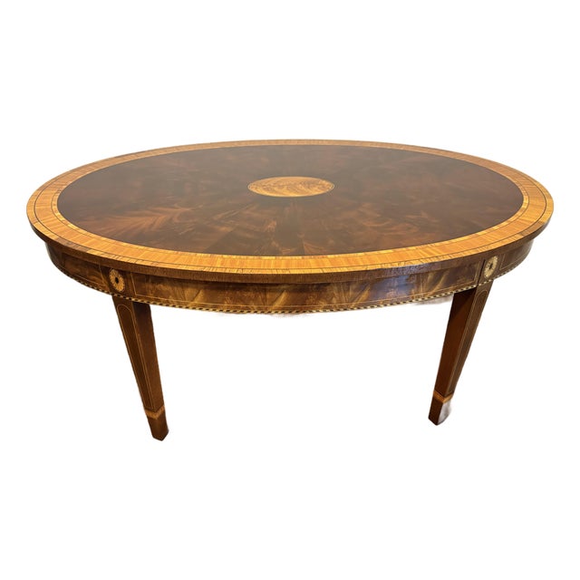 Stickley Traditional Oval Hepplewhite Coffee Table With Intricate Inlay, Mahogany and Various Other Exotic Woods For Sale
