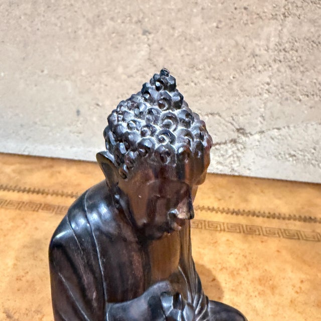 Brown Hand-Carved Wooden Buddha Meditation Statue Folk Art For Sale - Image 8 of 13