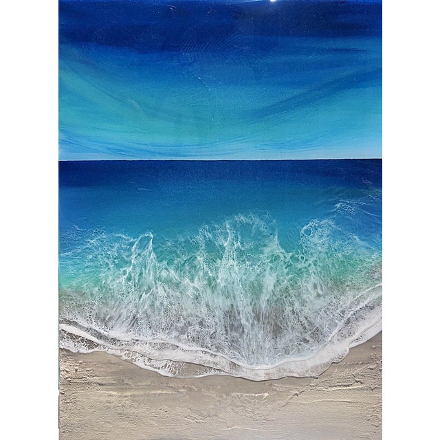 Ocean Waves #4 by Ana Hefco | Mixed Media on Wood Ocean waves crashing on a sandy beach. For Sale