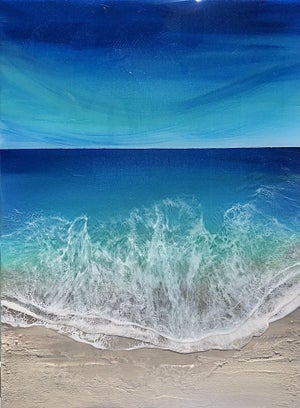 Ocean Waves #4 by Ana Hefco | Mixed Media on Wood Ocean waves crashing on a sandy beach.