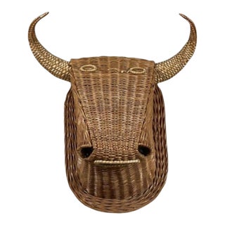 French Vintage Wicker Bull’s Head Wall Sculpture For Sale
