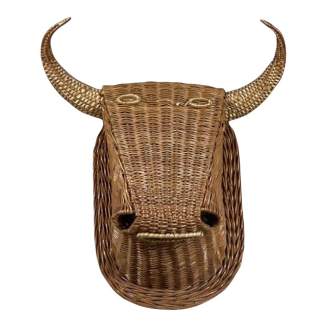 French Vintage Wicker Bull’s Head Wall Sculpture For Sale