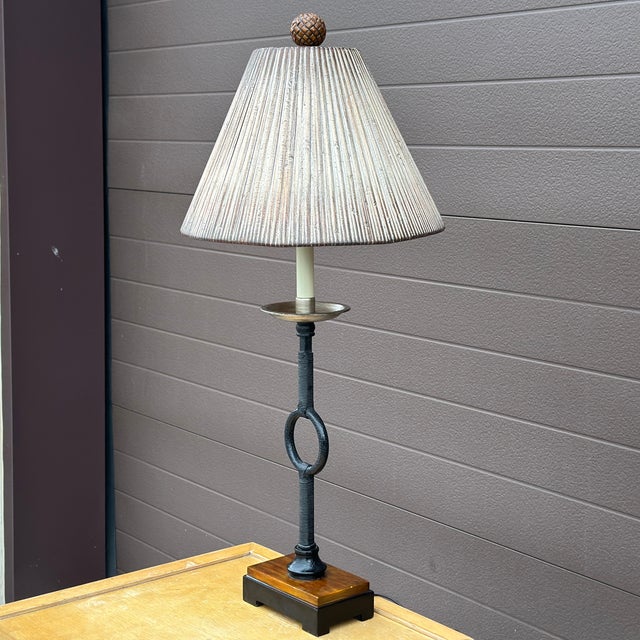 Uttermost Vintage Uttermost Wrought Iron Table Lamp With Rattan Shade For Sale - Image 4 of 12