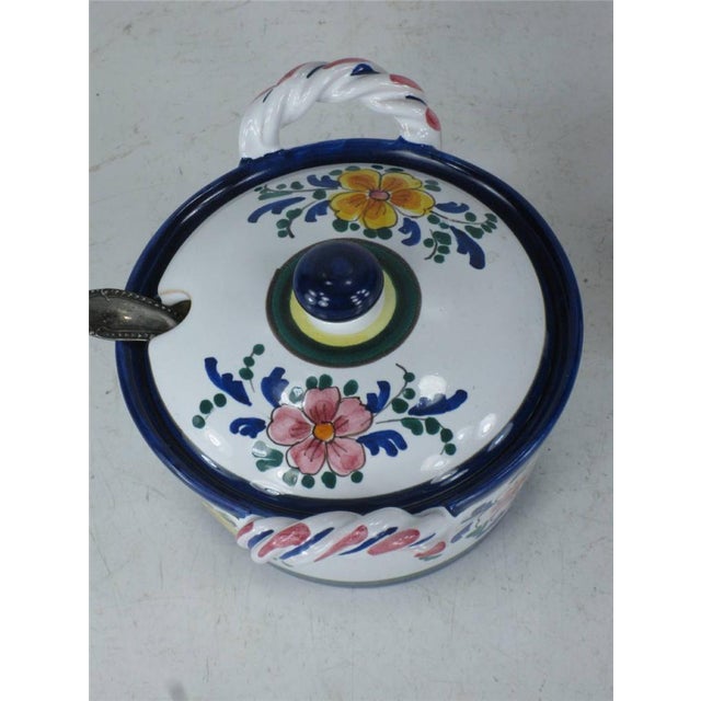 Late 20th Century Jelly / Jam Pot Italy, Hand Painted Art Pottery, Slotted Lid for Spoon & Handles For Sale - Image 6 of 12