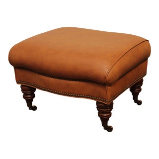Thomasville English Regency Style Tan Leather Ottoman For Sale