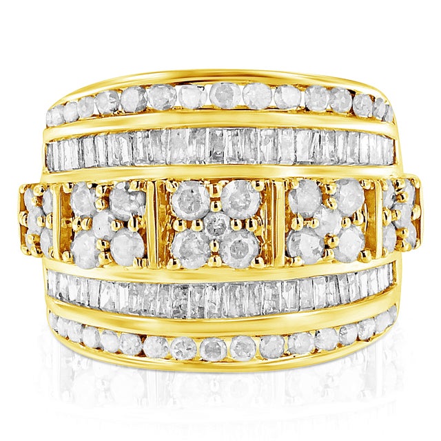 Contemporary 10K Yellow Gold over .925 Sterling Silver 2.0 Cttw Round & Baguette Cut Diamond Multi-Row Channel Set Tapered Cocktail Fashion Ring - Size 8 For Sale - Image 3 of 7