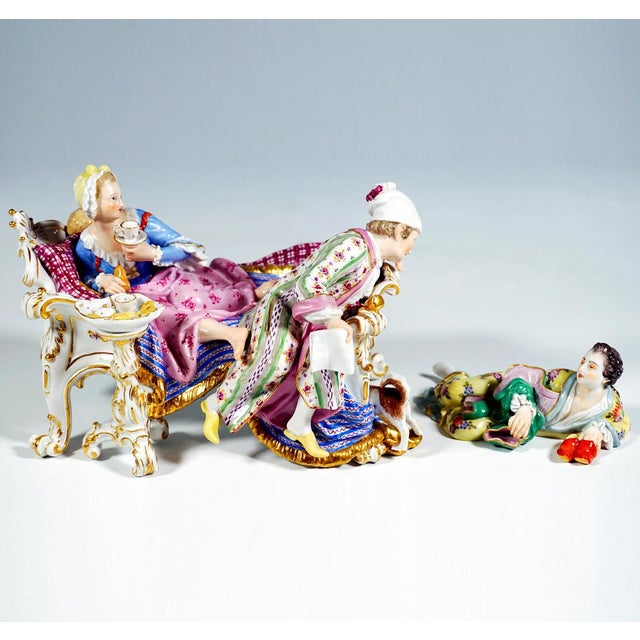 Rare meissen porcelain group from around 1870: married couple on a magnificent white rococo bed with gold-decorated...
