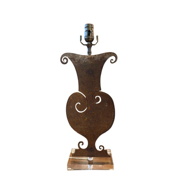 Pair of French lamps made from metal balustrades on lucite base. Metal balustrades are vintage and newly crafted into...