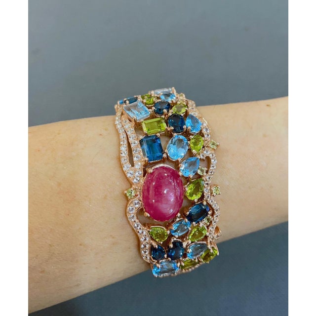 Gemstone Bochic "Capri" Vintage London Topaz, Ruby & Peridot Bangle -18K Gold & Silver For Sale - Image 7 of 18