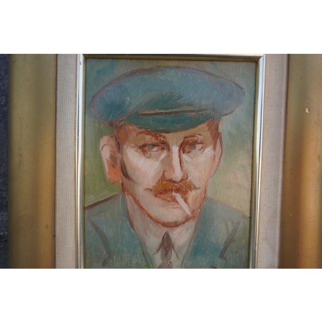 Buckley MacGurrin. Oil on canvas with gold wood frame - 10" x 12" art, framed 14" x 15.5" Portrait of a smoking man, who...