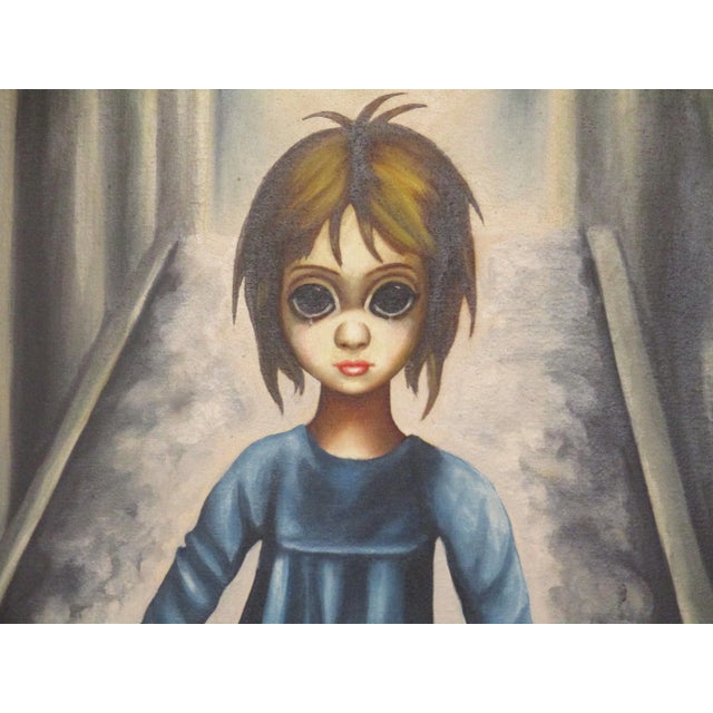 A very well done big eye girl painting titled " The Runaway " in the manner of Margaret Keane who's painting were the rage...
