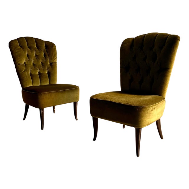 Vintage Italian Bedroom Chairs in Green Velvet, 1960s, Set of 2 For Sale