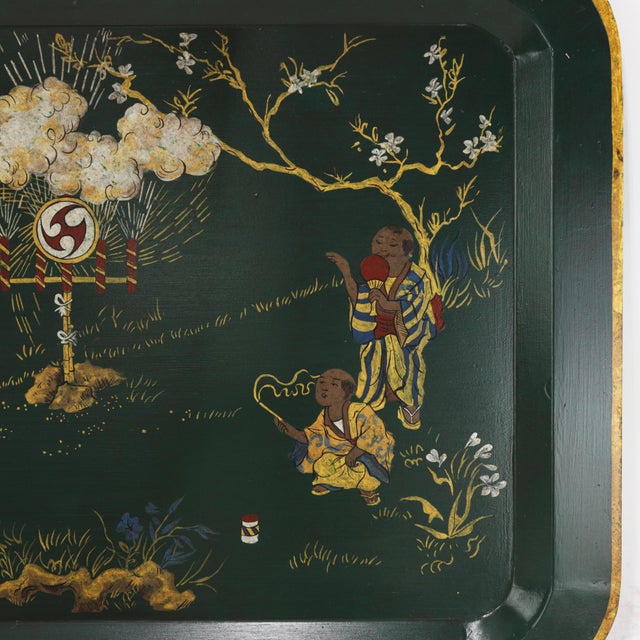 Dark Green Vintage Dark Green Lacquer Rectangular Tray With Hand Painted Gold Asian Festival Scene and Chinoiserie Style For Sale - Image 8 of 14