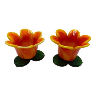 Vintage Art Glass Tulip Votive Candle Holders – Orange & Yellow Flower on Green Leaf Base (Set of 2) For Sale