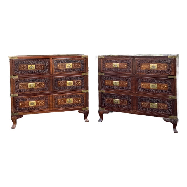 Pair of Anglo-Indian Style Carved Rosewood Campaign Chests With Brass Inlay For Sale
