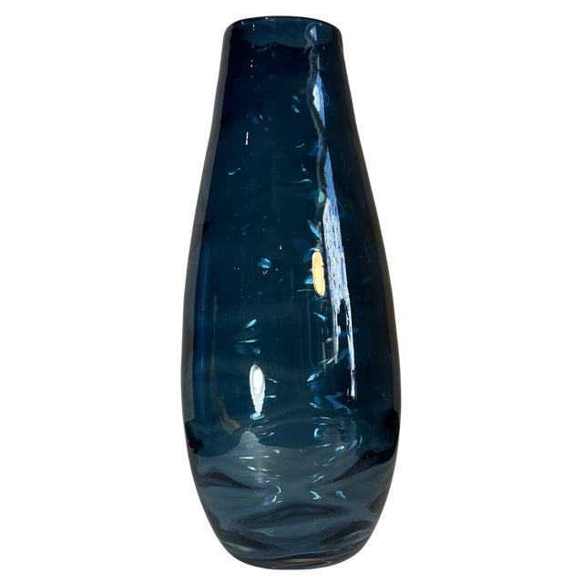 Late 20th Century 14+ In, Tall Art Glass Wavy Pattern Blue Vase For Sale - Image 5 of 12